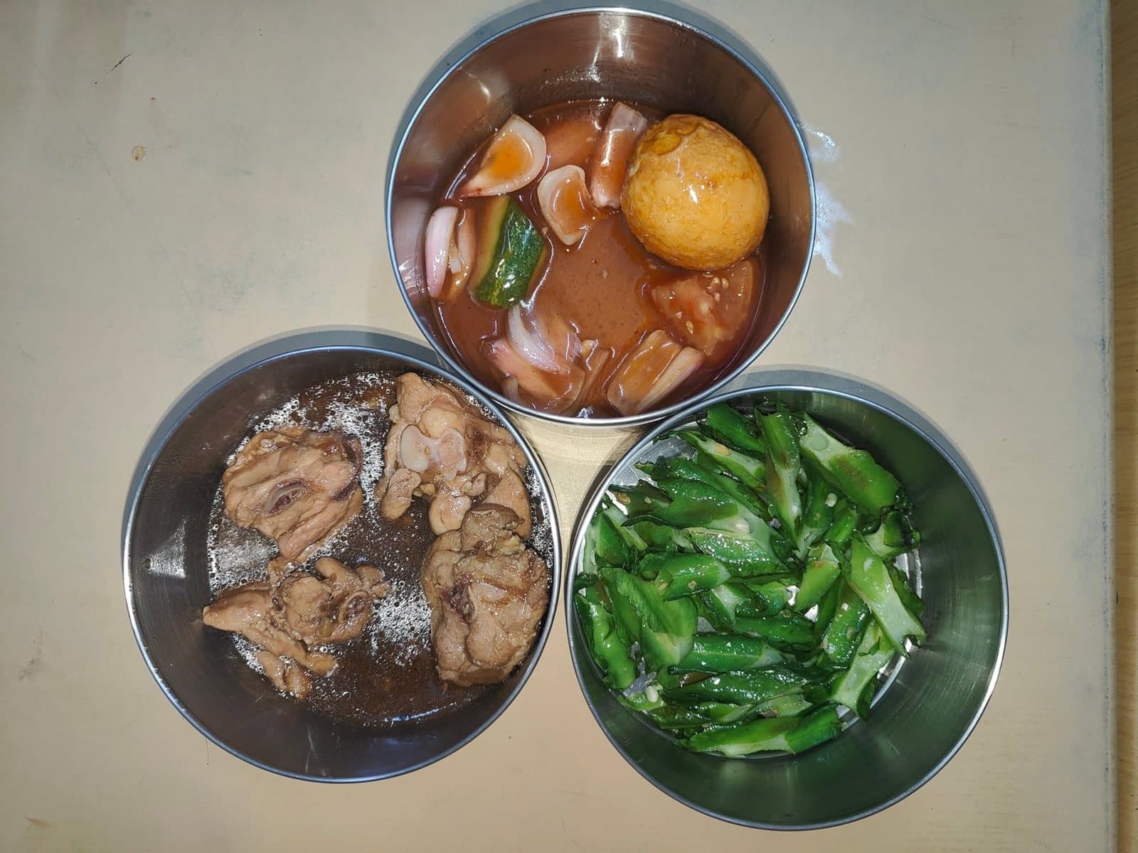 Home meal tiffin set — braised egg, soy chicken and stir-fried greens